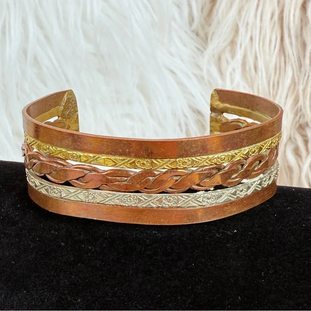 Vintage Mixed Metal Braided Copper Cuff Bracelet Boho Unisex Statement